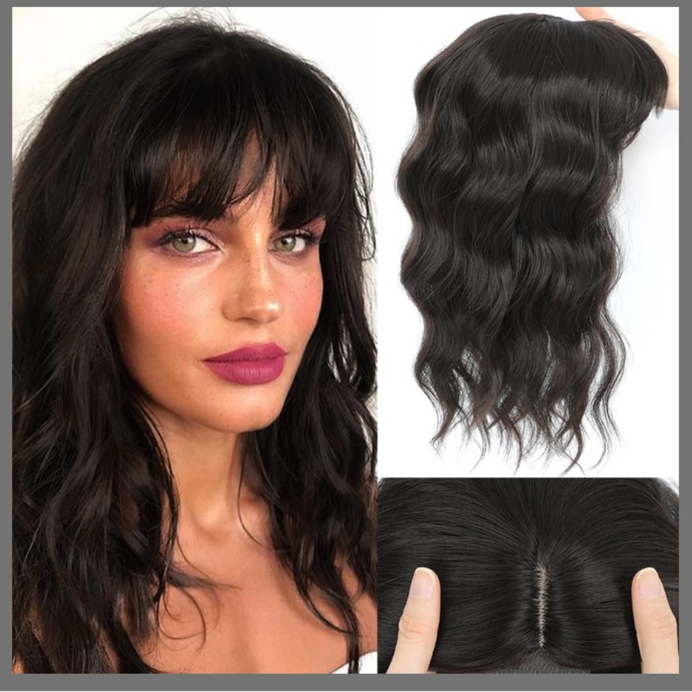 HVVZOY Hair topper 16” Wispy Part Clip In Bangs 360° 3D Curly (Natural Black)